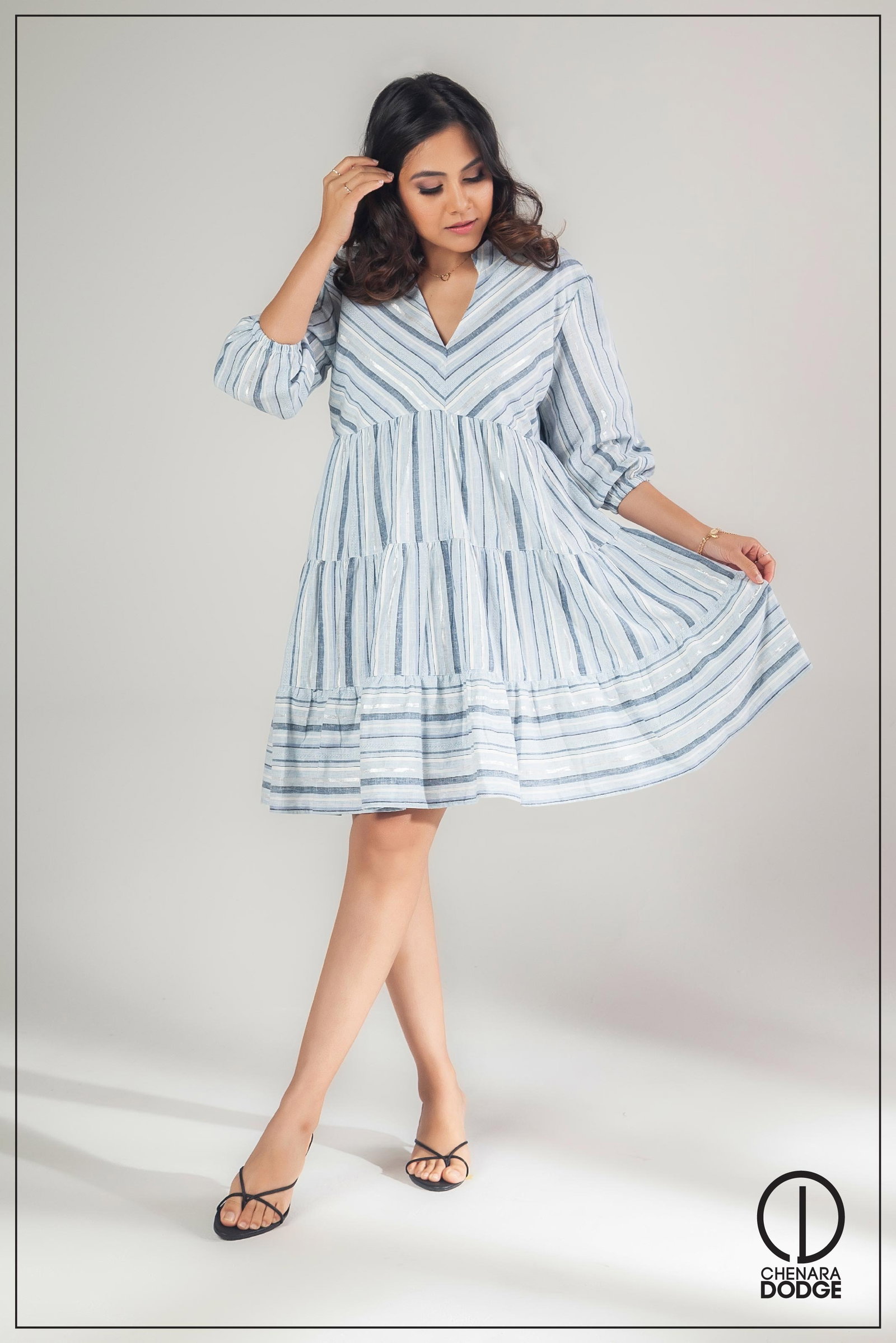 Mini Dress with Deep V-Neckline and Corset Waist - Blue